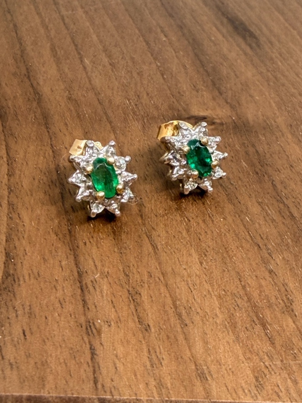 Vintage Oval Emerald and Diamond Cluster Stud Earrings in 10k Yellow Gold